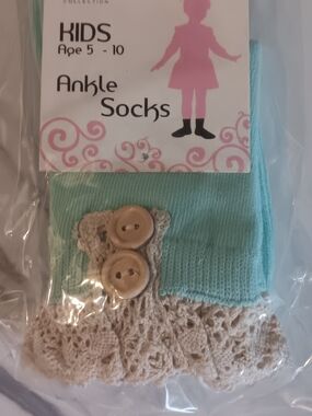 Kids Ankle Socks with Cream Lace & Button Detail in Aqua